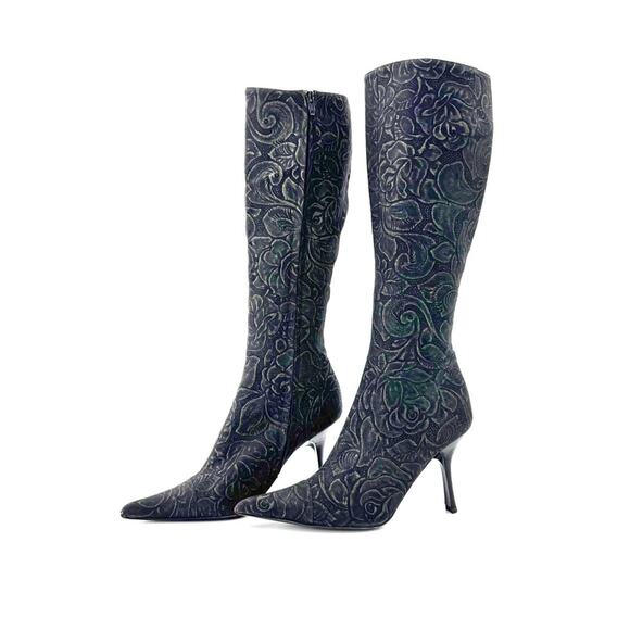 Roberto Cavalli Shoes - Vintage Roberto Cavalli Denim Floral Print Knee High Pointed Toe Boots 37.5